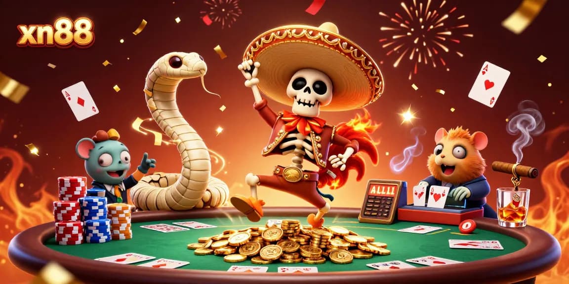 Experience xn88's vibrant casino scene with a mariachi rooster celebrating amidst poker elements.