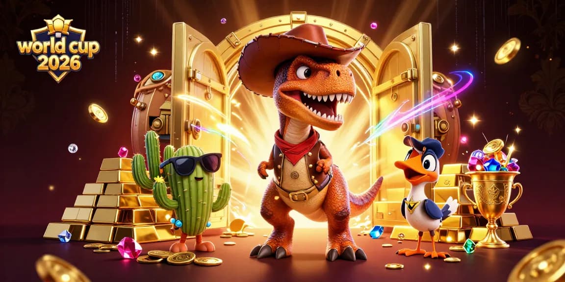 Engage with the world cup 2026 through a vibrant casino-themed illustration featuring lucky characters and treasures.
