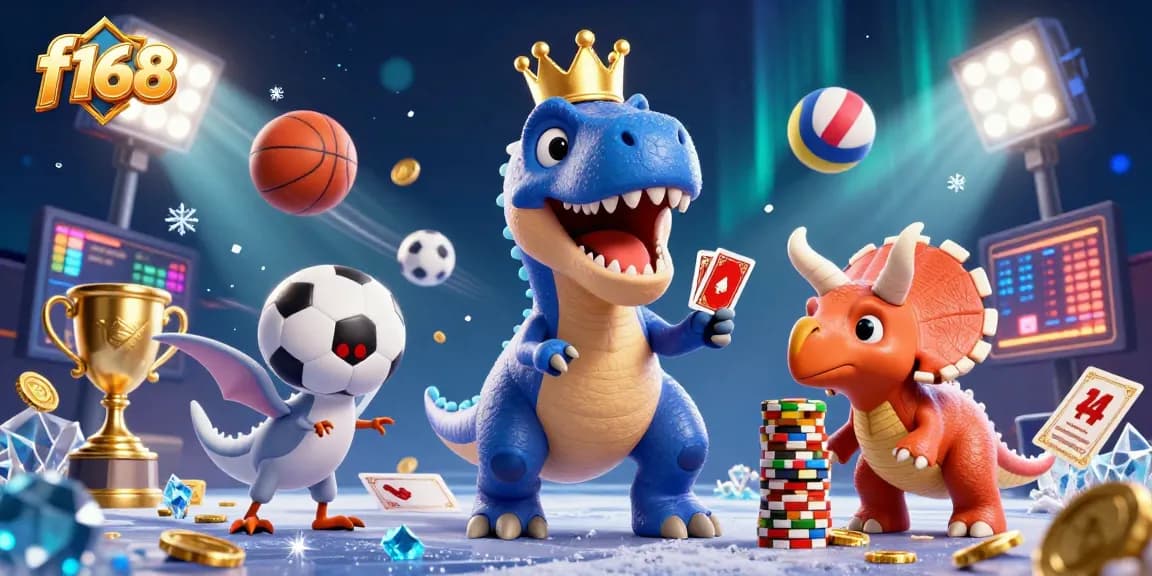 Experience fun gaming at f168 with a playful T-Rex, stacks of chips, and vibrant sports elements.