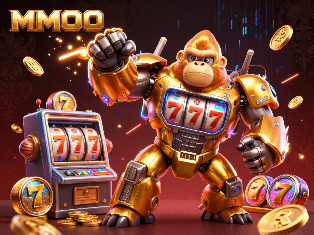Spin the reels with MMOO in this dynamic casino-themed digital illustration showcasing gaming excitement.