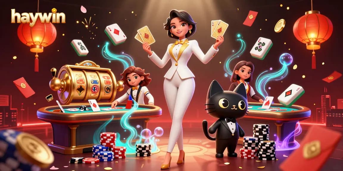 Experience high-stakes excitement with Haywin as our dealer shuffles cards surrounded by vibrant casino elements.