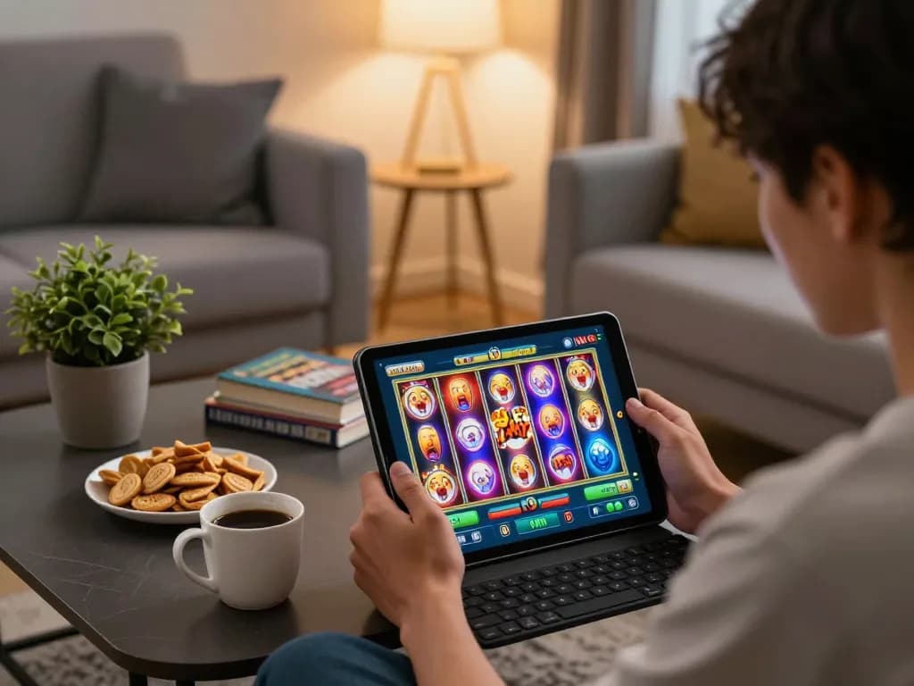 Nổ hũ slot game interface displayed on a tablet in a cozy home gaming setup