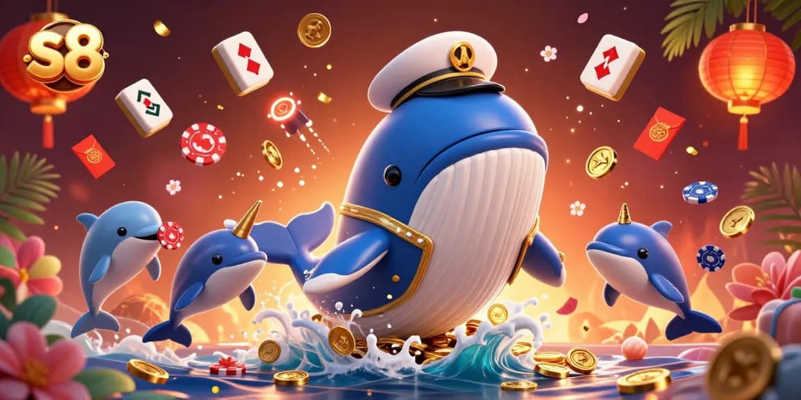 Engage with s8's vibrant casino atmosphere featuring whales and dolphins among gold coins.