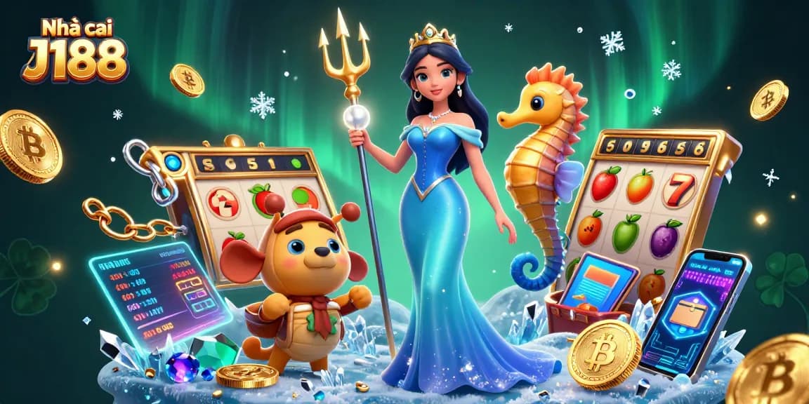 Experience thrill at Nhà cái J188 with vibrant slot games, glowing treasures, and rich casino elements in 3D.