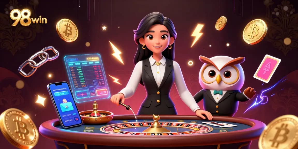 Experience the excitement of 98win with a lively casino scene featuring dealers and dynamic game elements.