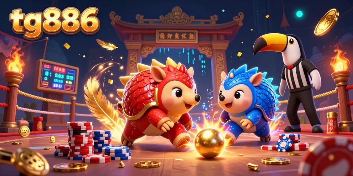 Engage in thrilling tg886 casino action with rival pangolins bowling through poker chips amid golden confetti.
