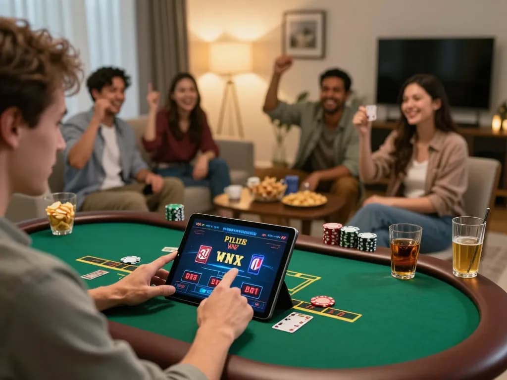 Player enjoying open88 live dealer blackjack at home with friends celebrating a victory in a cozy setting.