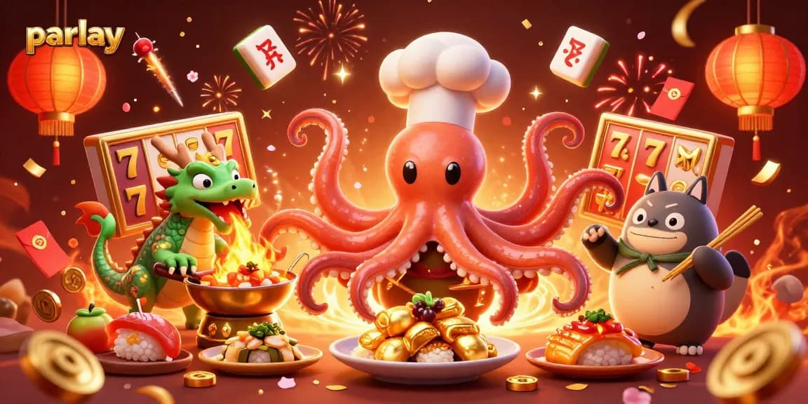 Engage in parlay betting with octopus preparing dishes and festive slot machine elements