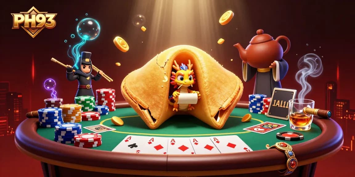 Experience thrilling action with PH33 casino gaming as golden fortune cookie characters engage in a poker showdown.