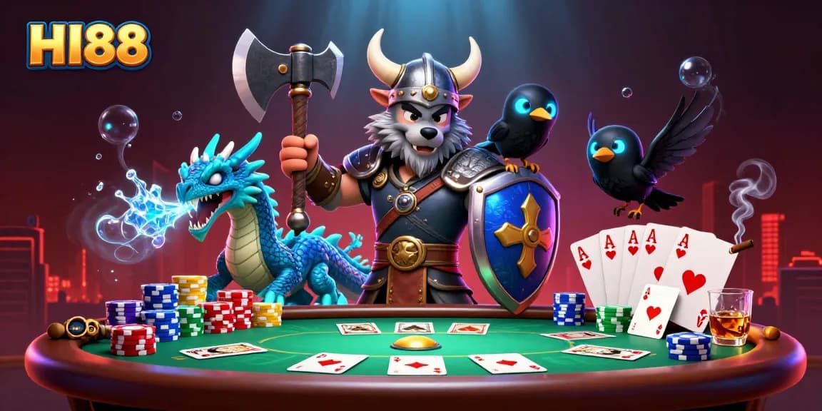 Engage with HI88 at a lively poker table scene featuring warriors and dragons.