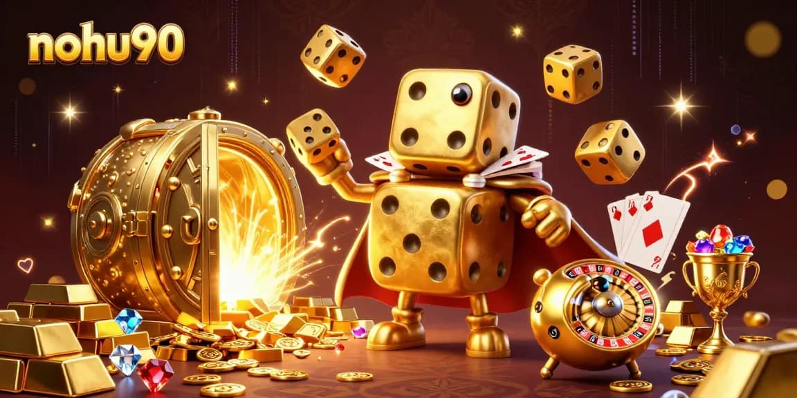 Nohu90's dynamic representation showcases a playful dice golem engaging in gambling with vibrant treasure elements.