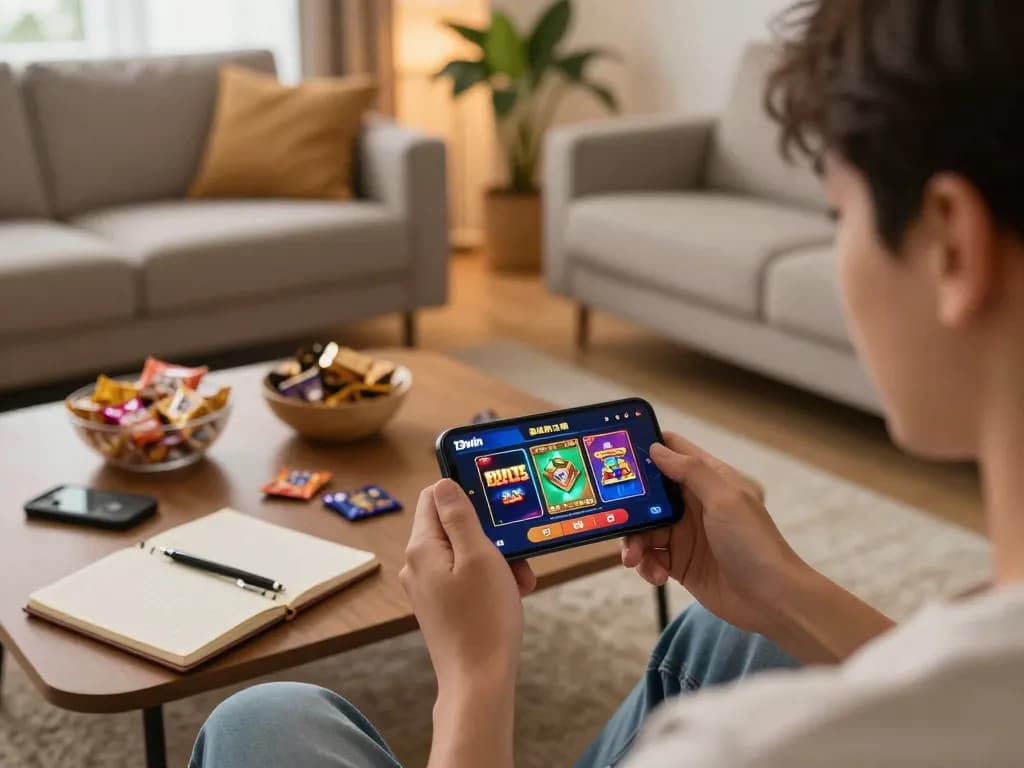 Engaging with 13win app on smartphone, showcasing online casino gaming experience in a cozy setting.
