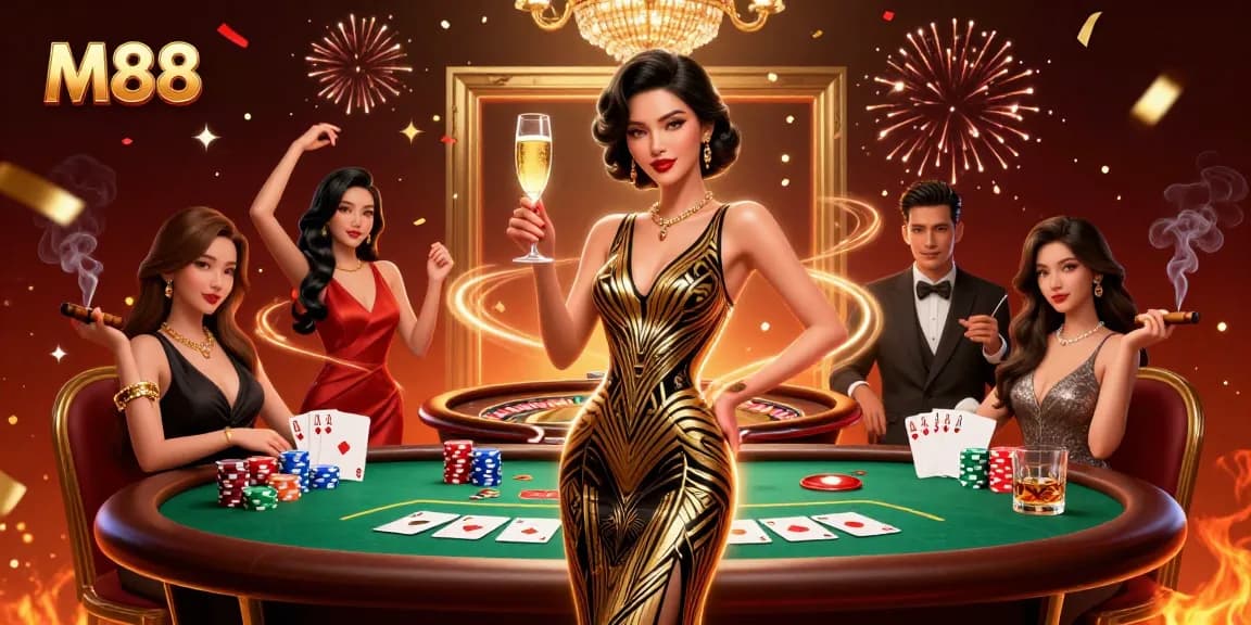 M88 offers casino gamers a luxurious experience with vibrant scenes of celebration, gaming, and glamour.