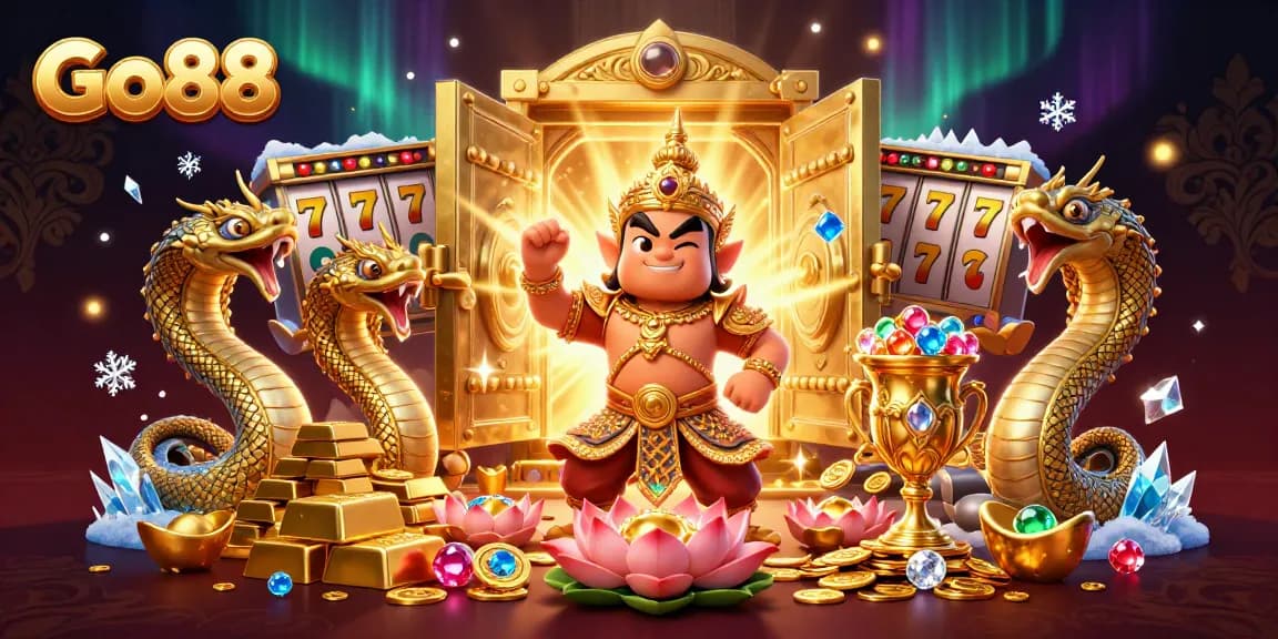 Engage in thrilling gameplay at Go88 with a vibrant 3D illustration of a Thai guardian, Naga companions, and slot machines.