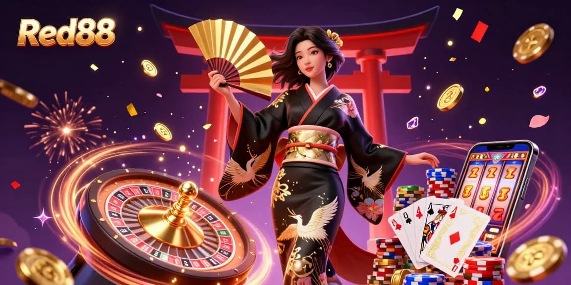 Win big at Red88 with a stunning Asian-themed casino illustration filled with vibrant gaming elements.
