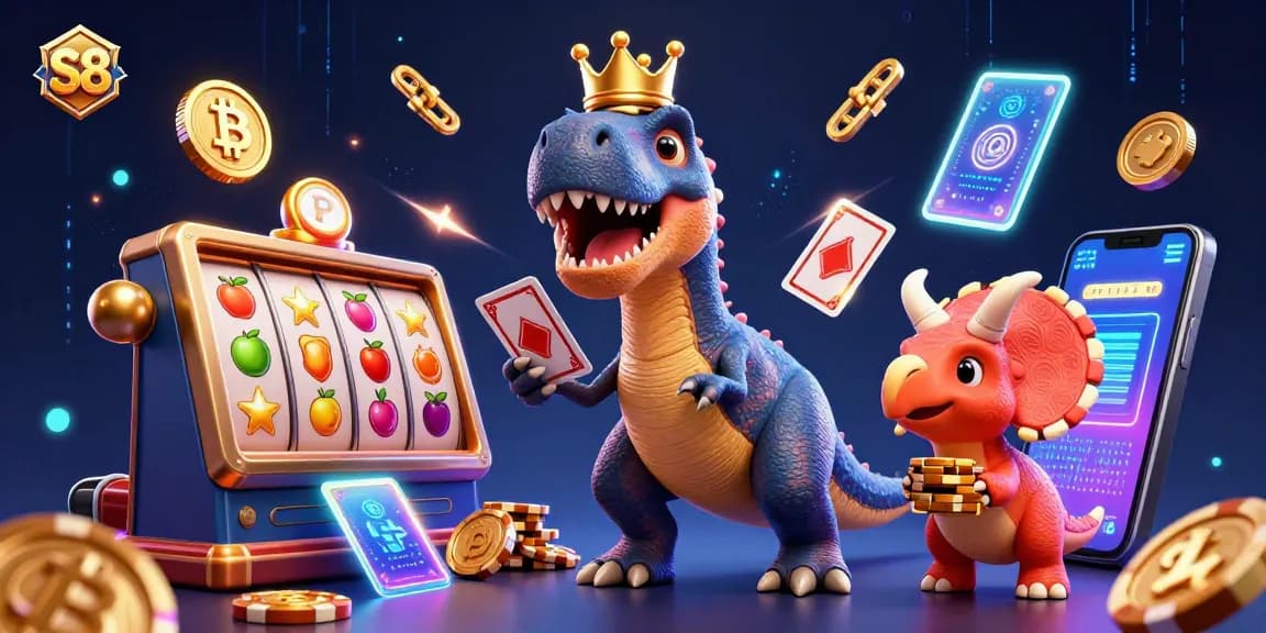 S8 invites players to enjoy dynamic slot games with a friendly T-Rex shuffling cards in 3D illustration