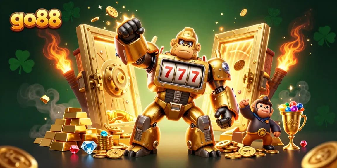 Experience the excitement of go88 with a vibrant 3D depiction of a golden gorilla mech and treasures.