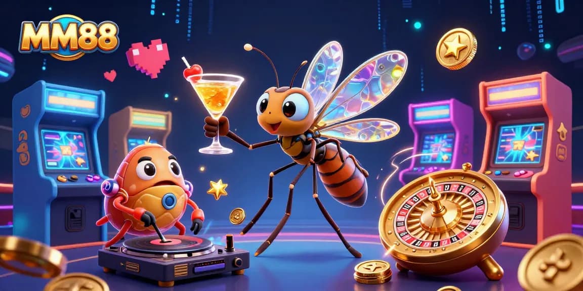 Experience the vibrant excitement of MM88 casino with a lively 3D illustration of characters and gaming elements.