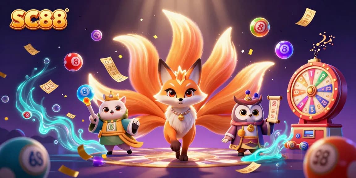 Experience vibrant SC88 gaming with a nine-tailed fox spirit and owl sage in an enchanting casino scene.