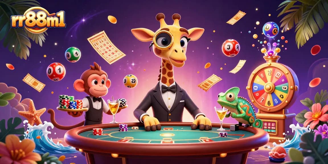 Engage with exciting games at rr88m1 featuring a high-roller giraffe and vibrant casino elements.
