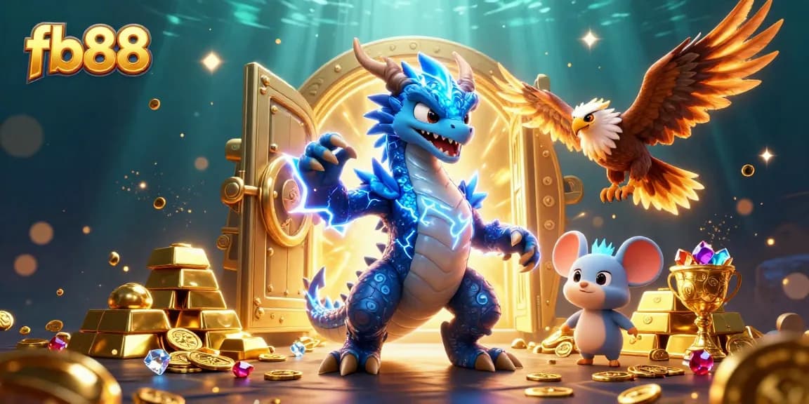 Engage with fb88 in a vibrant 3D casino scene filled with treasures and animated characters.