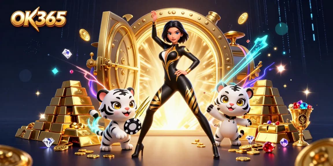 Spin the reels at OK365 with a stunning woman and playful tiger amidst gold treasures!