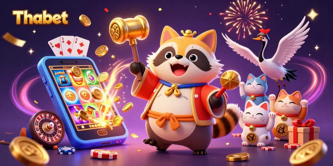 Experience the thrill at Thabet with cheerful cartoon characters amidst a vibrant casino scene.
