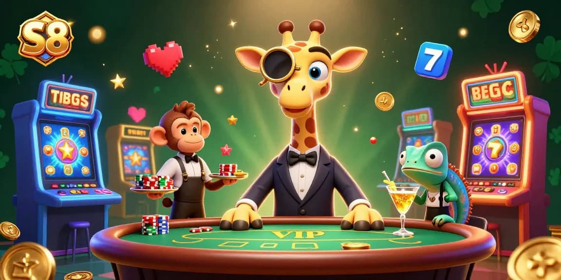 Experience thrilling gameplay at S8 with the high-roller giraffe and monkey valet in an exciting casino scene.