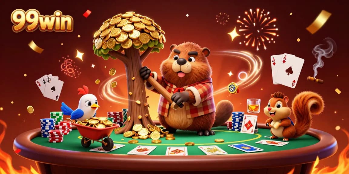 Win big with 99win in a colorful casino scene featuring vibrant characters and festive elements.