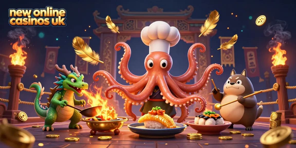 Engage with new online casinos UK through dynamic 3D art featuring colorful casino characters and elements.