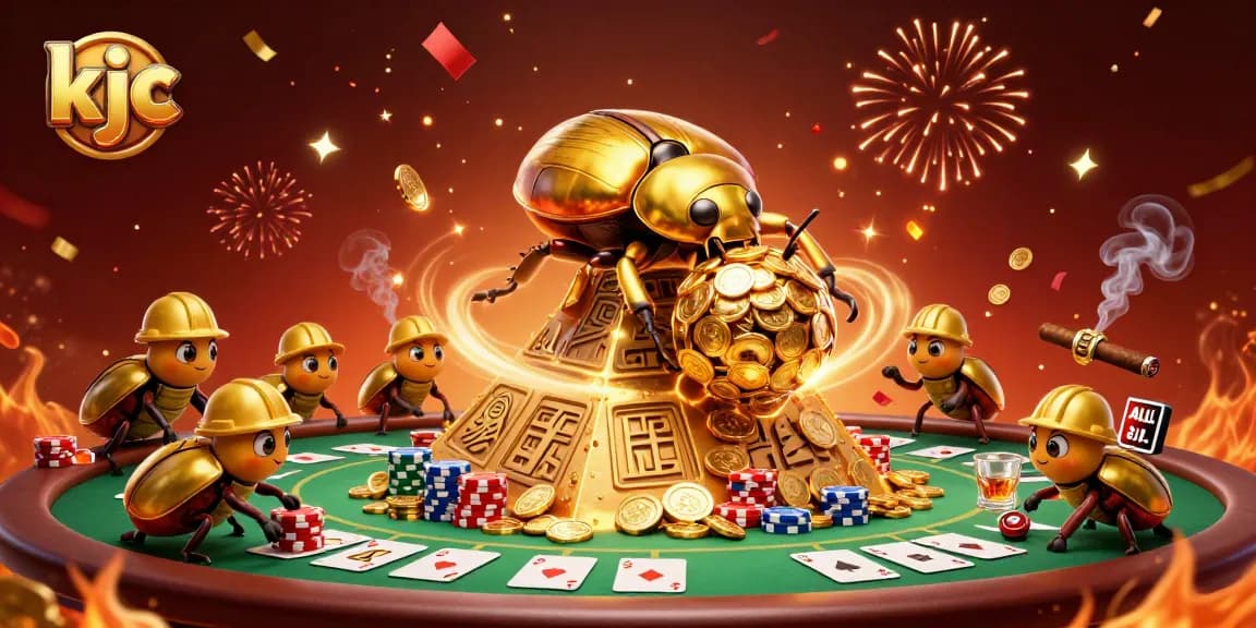 KJC enhances your casino experience as a cartoon beetle team rolls gold coin piles amid vibrant gaming elements.