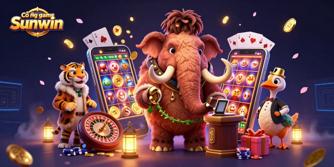 Cổng game Sunwin welcomes players through an extravagant casino scene featuring vibrant characters and dynamic gaming elements.