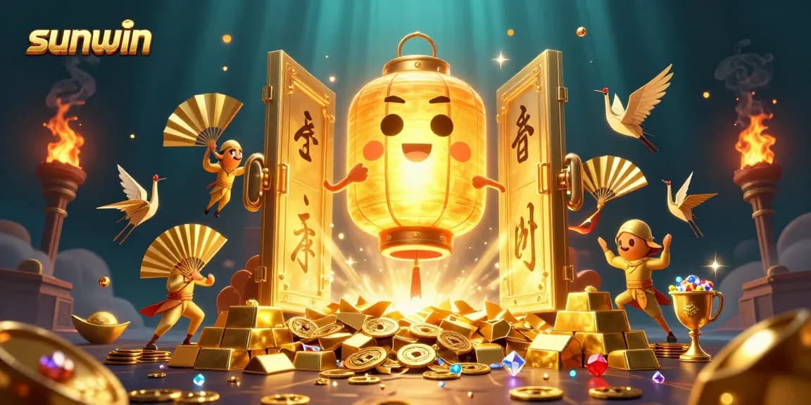 Experience the magic of sunwin with a vibrant 3D casino scene featuring golden elements and dynamic game symbols.