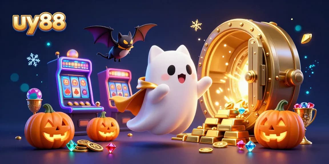 Experience the excitement of uy88 with ghost cats and treasure in this vibrant casino illustration.