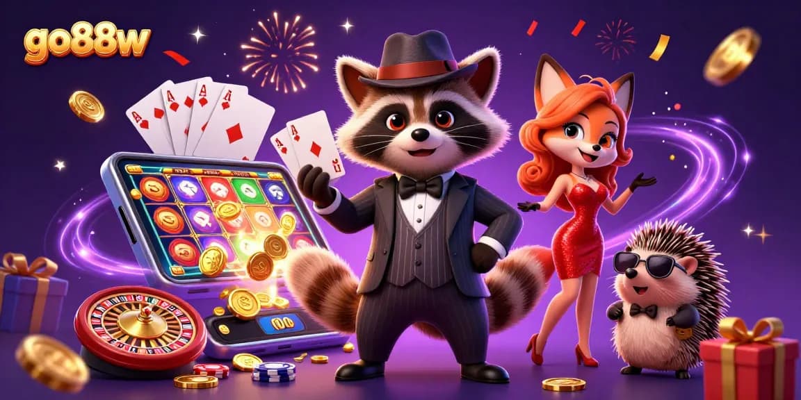 Engage in the thrills of go88w with a raccoon holding a royal flush amidst dazzling casino elements.