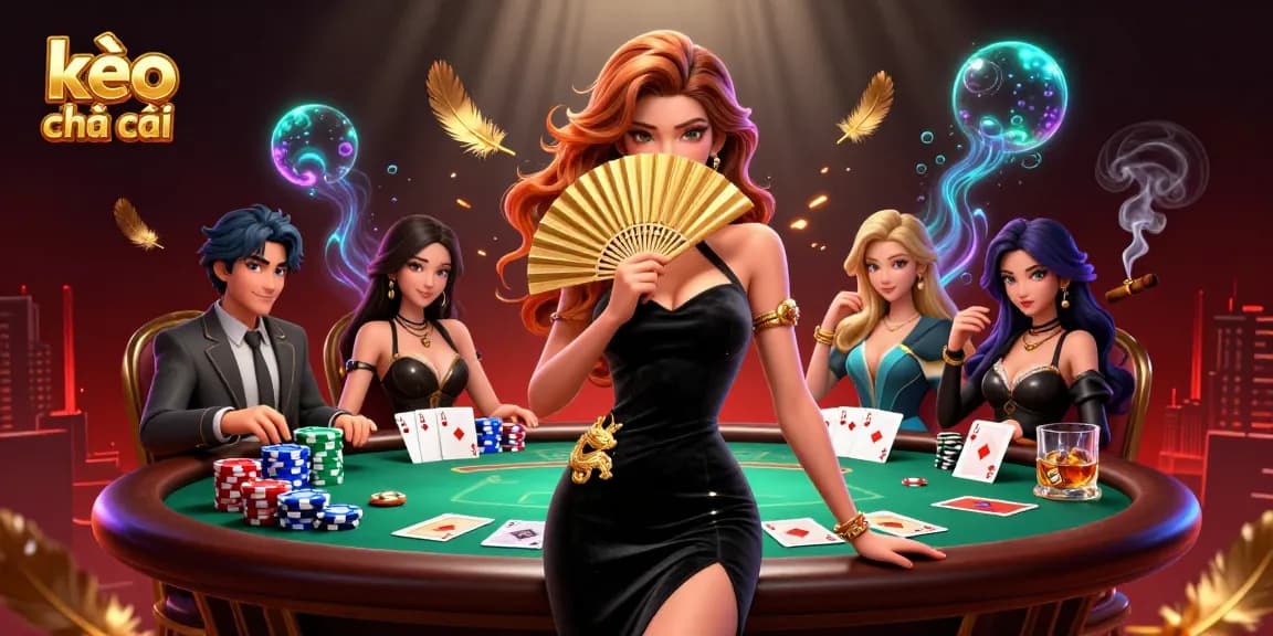 Experience thrilling poker action with kèo nhà cái, showcasing a captivating Asian woman amidst vibrant casino elements.