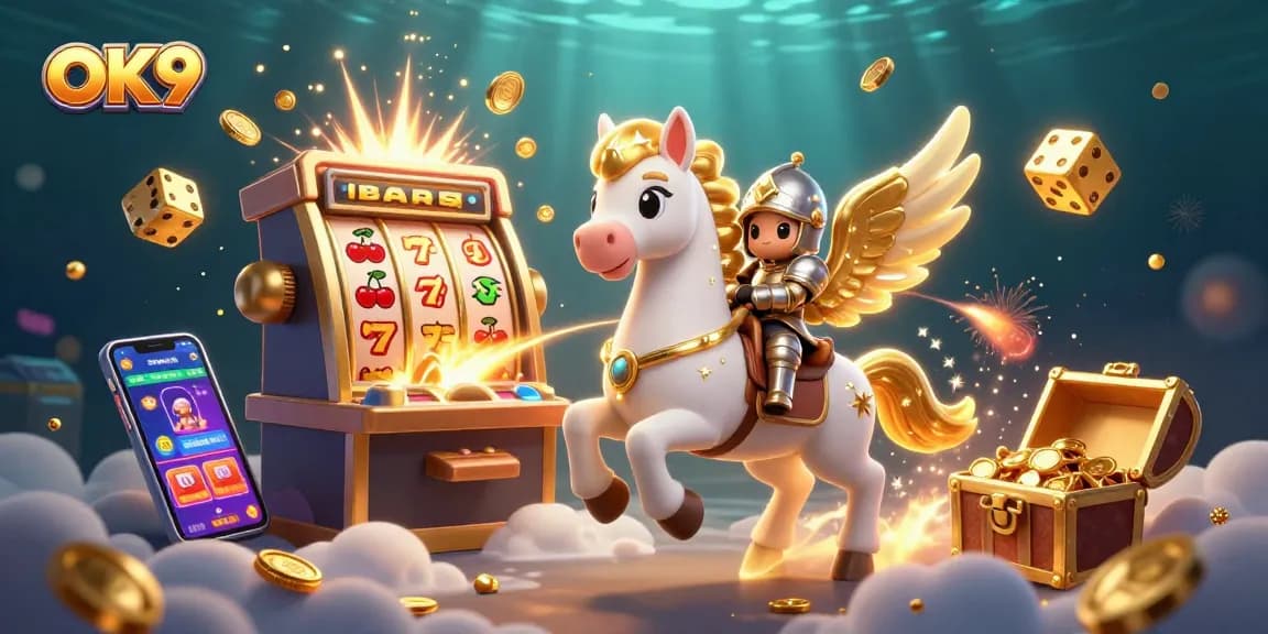 OK9 showcases vibrant casino action with a magical horse, knight, and jackpot-filled slots.