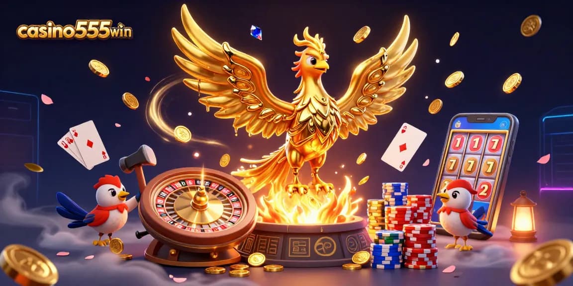 Experience thrilling wins with casino555win in this vibrant casino scene featuring a golden phoenix!