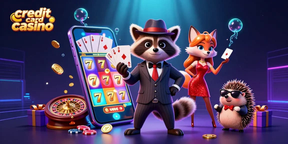 Experience thrilling gameplay at a credit card casino with a suave raccoon, stylish fox, and hedgehog bouncer.