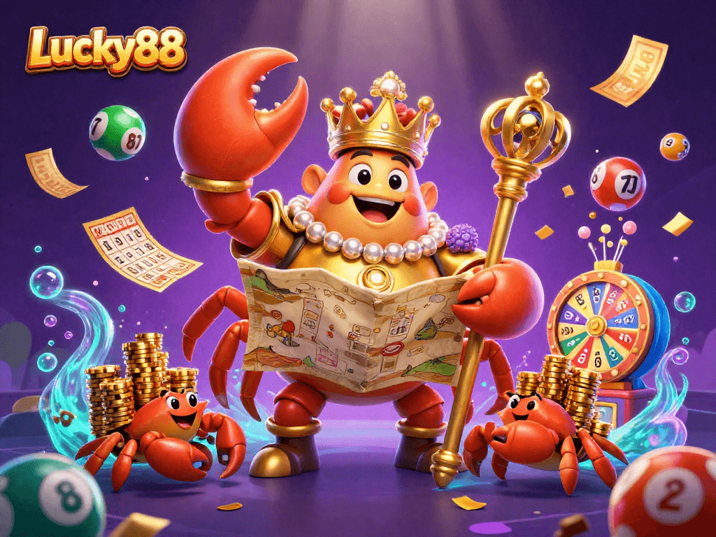 Engage with Lucky88 in this vibrant casino space featuring animated gold characters, lottery balls, and exciting gaming elements.