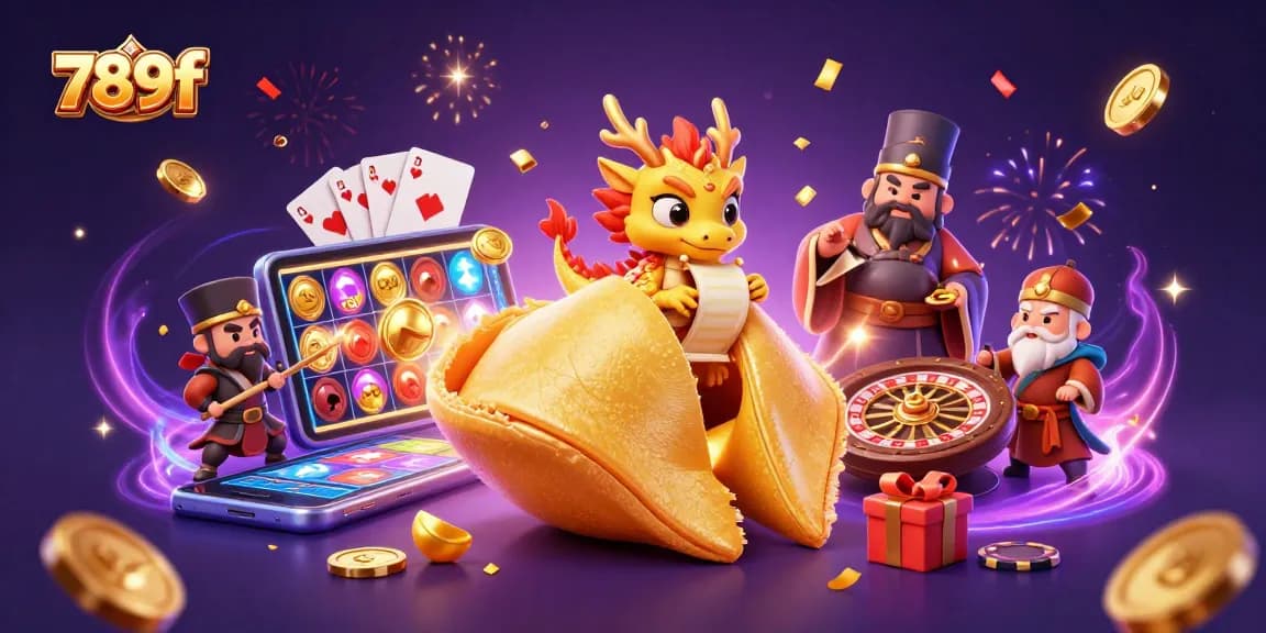 Win big with 789f as the golden fortune cookie spills secrets amidst falling coins and vibrant casino symbols.