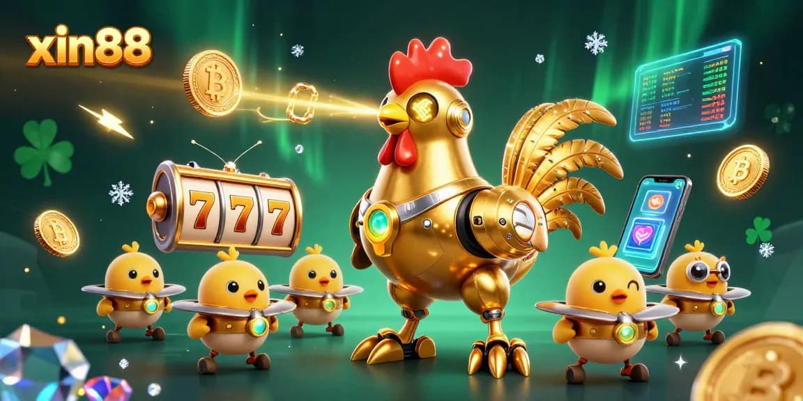 Play exciting slots at xin88 with golden rooster robot and baby chick drones in vibrant 3D illustration.
