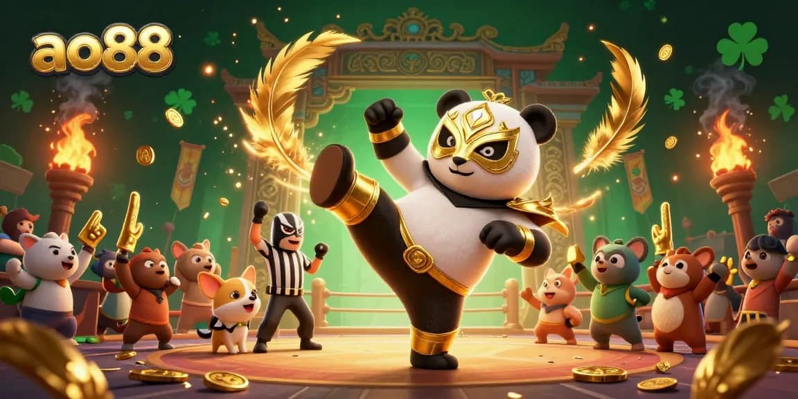 Experience exhilarating fun with ao88 as the panda wrestler delivers a flying kick surrounded by jubilant animal fans.