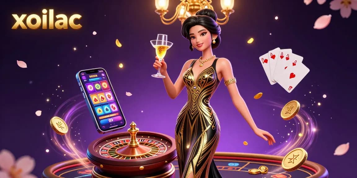 Xoilac live streaming casino experience with elegant woman and vibrant gaming elements.