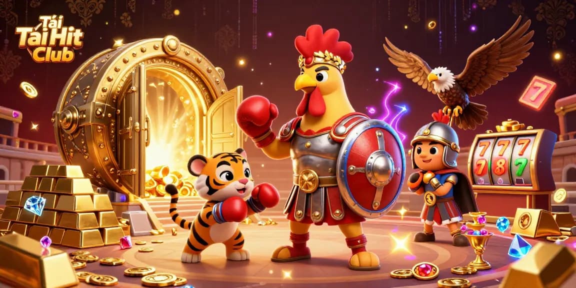 Tải Hit Club offers a thrilling gaming experience with colorful illustrations of casino elements and strategies.