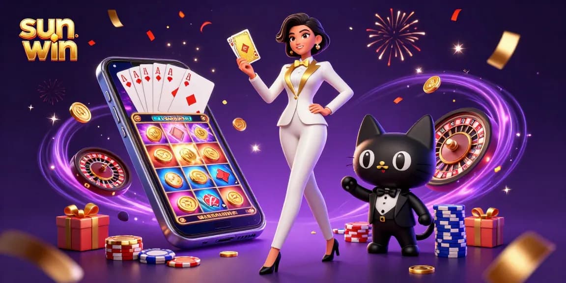 Engage with the thrilling world of sun win in this vibrant casino scene featuring a stylish woman, a tuxedo cat, and dynamic game elements.