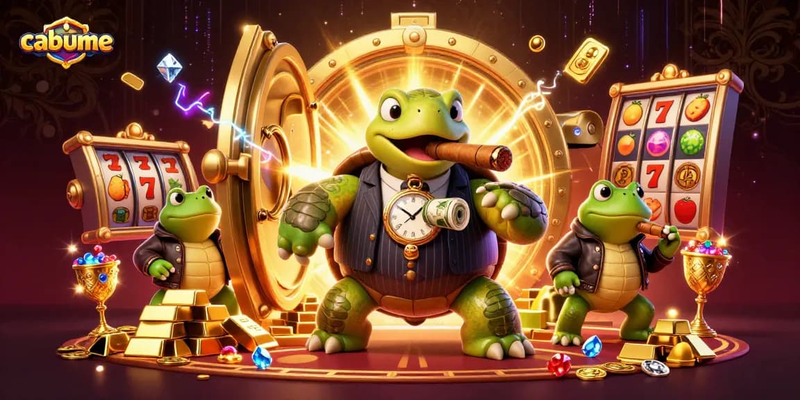 Play slots at cabume with a vibrant casino scene featuring a turtle mobster and frog enforcers.