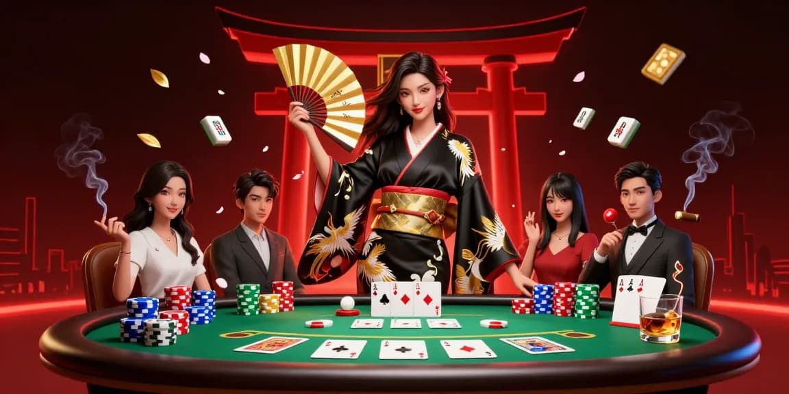 Socolive offers a lively gambling atmosphere with elegant Asian woman in kimono and poker elements.