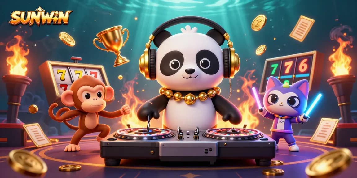 SUNWIN showcases a vibrant 3D scene with a DJ panda, dancing monkey, and glowing kitten against a lively casino backdrop.