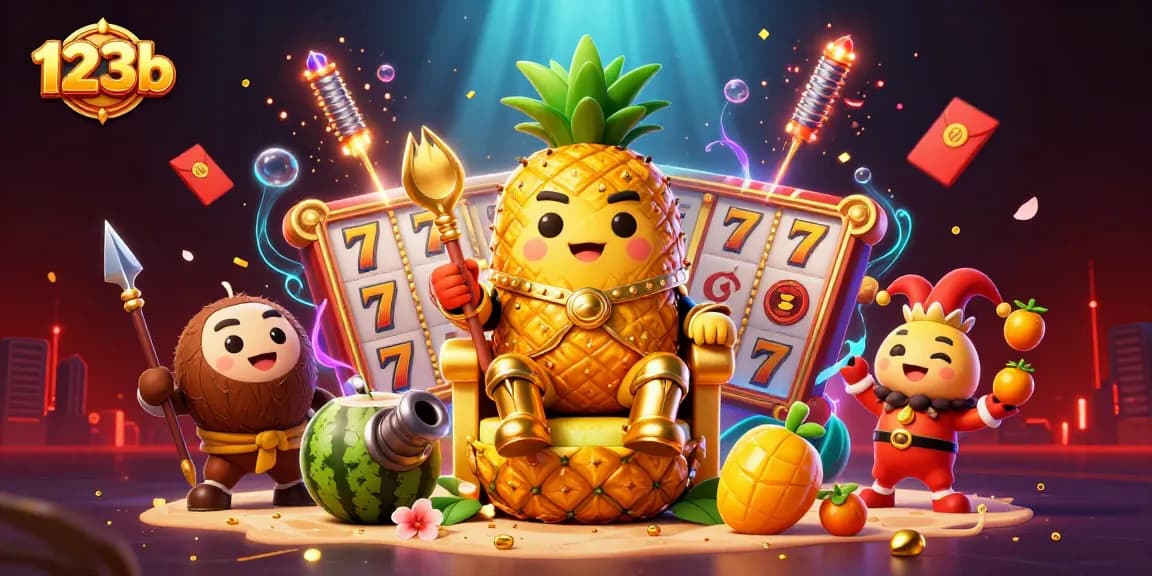 Experience thrilling wins at 123b with our vibrant beach casino scene featuring a pineapple king and exciting slot elements.